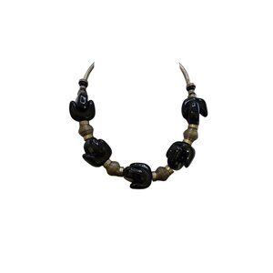 Vintage 70s Black Molded Glass Tubular Collar Necklace (A8238)
